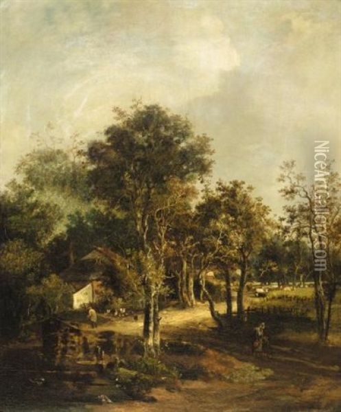 A Wooded Landscape With Cottagers On A Path In The Foreground Oil Painting - John Crome the Elder