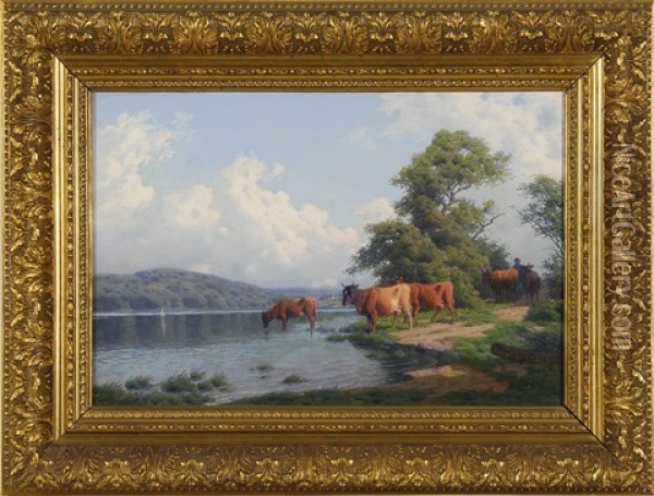 Cattle By The Riverside Oil Painting - Carl Frederik Bartsch