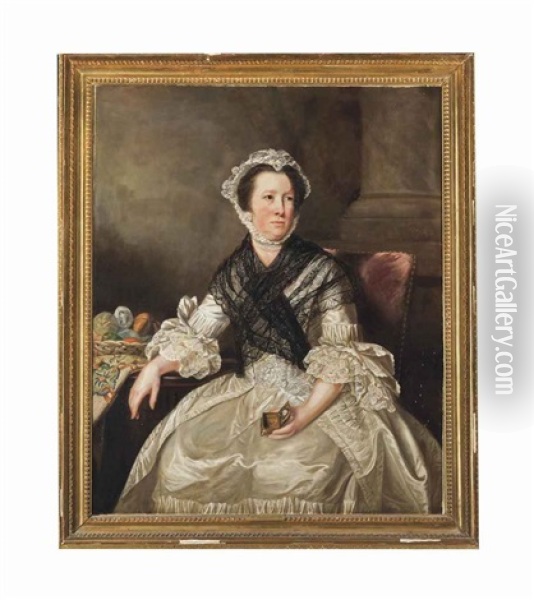 Portrait Of Elisabeth Helyar (d.1786) Nee Weston, Three-quarter-length, In An Oyster Dress With A Lace Shawl, Holding A Miniature Box, In An Interior Oil Painting - Thomas Beach