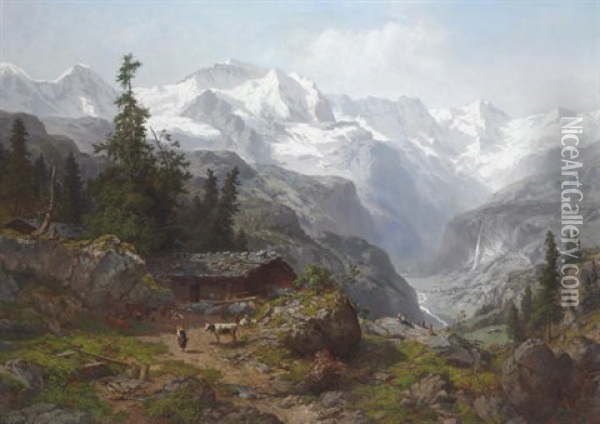 A View Of Lauterbrunnen With The Eiger, Monch And Jungfrau Mountains In The Distance Oil Painting - Joseph Nikolaus Butler