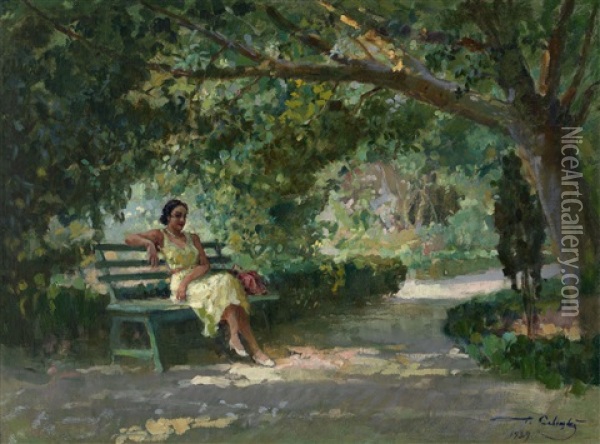 Girl On A Bench Oil Painting - George SAVITSKIY