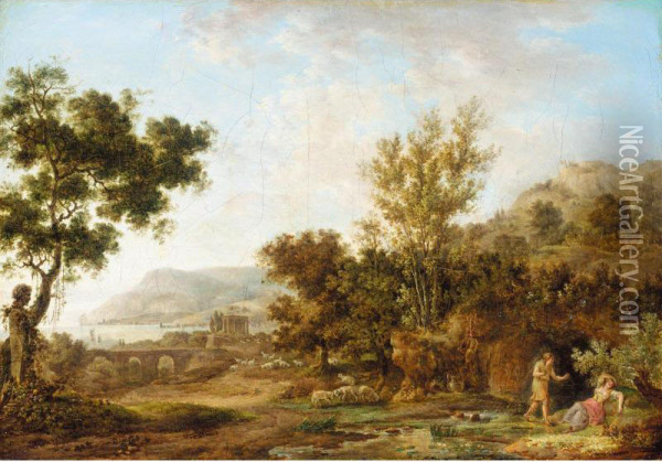 An Arcadian Landscape With A Shepherd Sneaking Up On A Sleeping Maid Oil Painting - Jean Baptiste Genillion
