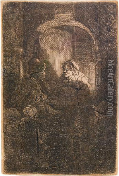 Woman At A Door Hatch Talking To A Man And Children. Oil Painting - Rembrandt Van Rijn