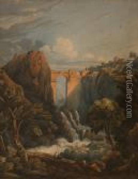 Mountainous Continental Landscape With Hilltop Town And Bridge Above A Waterfall Oil Painting - John Varley