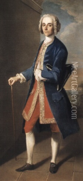 Portrait Of A Gentleman In Blue Coat And Red Britches Oil Painting - Philip Mercier