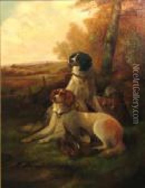 Two Gun Dogs With The Day's Bag Oil Painting - Robert Cleminson