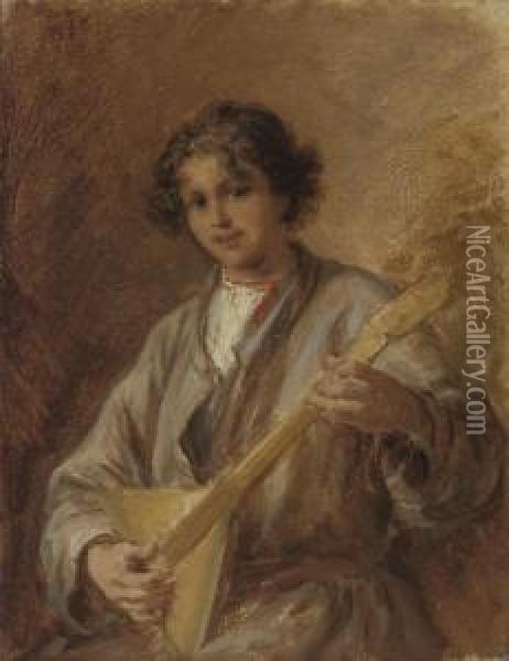 A Young Musician Playing The Balalaika Oil Painting - Wilhelm Amandus Beer