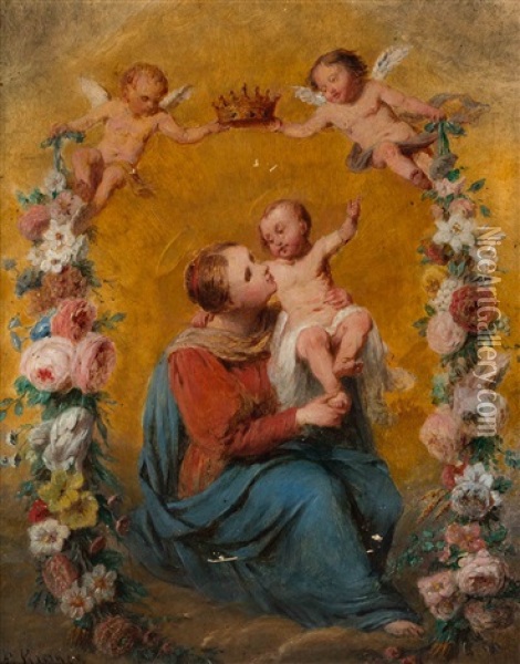 Madonna And Child In A Garlant Of Roses Oil Painting - Pierre Kremer