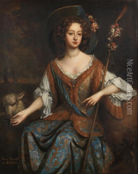 Portrait Of Elizabeth Jones, Countess Of Kildare, As A Shepherdess, Three-quarter-length, Seated Before A Landscape Oil Painting - Willem Wissing