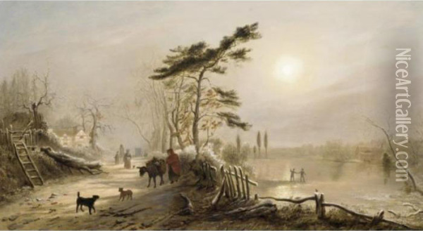 A Winter Village Scene Oil Painting - Thomas Smythe