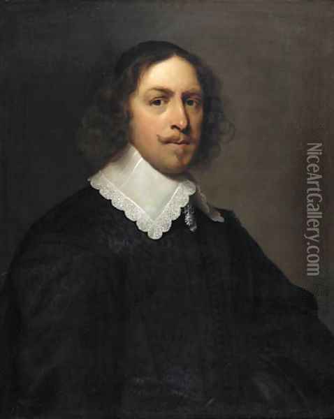 Portrait of a gentleman, half-length, in an embroidered black doublet and lace collar Oil Painting - Cornelius Janssens Van Ceulen