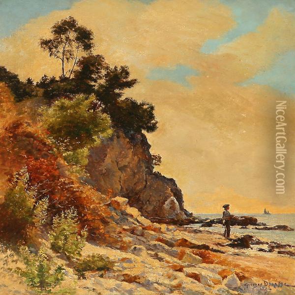 Coastal Scene With A Boy Fishing Oil Painting - Georges Paul Darasse