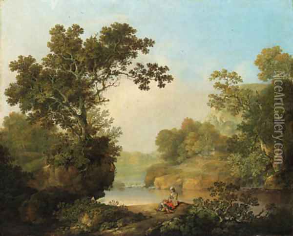 A wooded River Landscape with Figures, a cottage beyond Oil Painting - George, of Chichester Smith