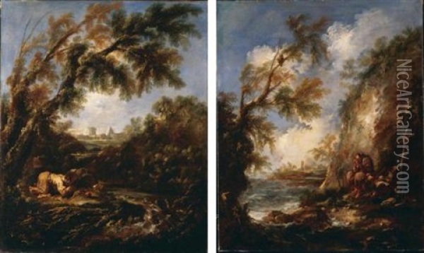 A Wooded Landscape With A Hermit Prostrate Before A Crucifix (+ A Rocky Landscape With A Hermit In Prayer On A Seashore; Pair) Oil Painting - Alessandro Magnasco