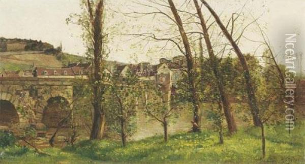 Le Pont De Mantes. 1890. Oil Painting - Hippolyte Camille Delpy