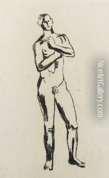 A Study Of A Standing Male Nude Oil Painting - Hermann Blumenthal