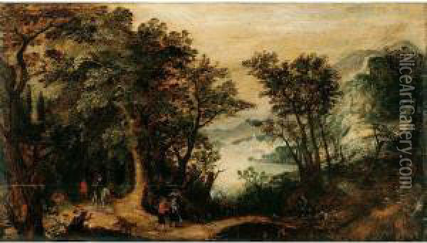A Wooded Landscape With Hunters And Travellers On A Path Near A Bridge Oil Painting - Gillis van Coninxloo