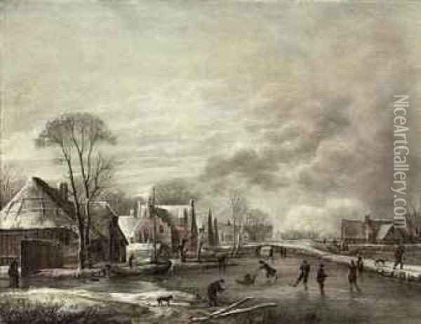A Winter Landscape With Skaters By A Village Oil Painting - Aert van der Neer