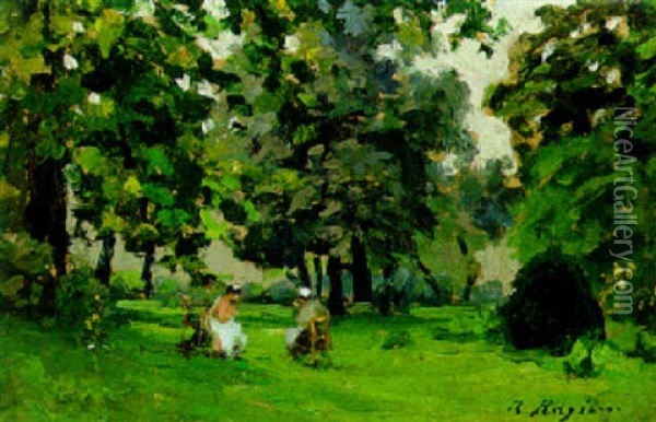 Two Women Knitting In A Park Oil Painting - Raffaele Ragione