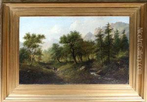 An Austrian River Landscape With A Shooting Party In The Foreground Oil Painting - Edouard Boehm