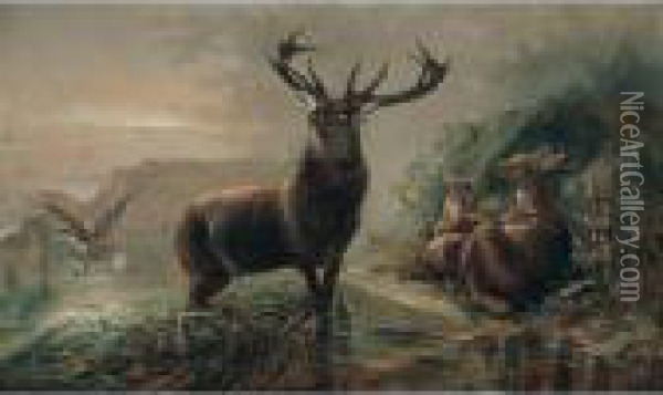 Landscape With Deer Oil Painting - Robert Cleminson