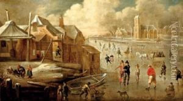 A Frozen Canal With Skaters And Men Playing 
Kolf Oil Painting - Jan Abrahamsz. Beerstraaten