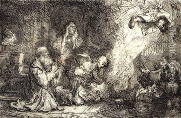L'ange Qui Disparait Devant La Famille De Tobie Oil Painting - Rembrandt Van Rijn