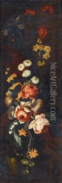 A Still Life Of Carnations, Narcissi, Roses And Other Flowers In A Glass Vase On A Stone Ledge (+ Another Similar; Pair) Oil Painting - Andrea Belvedere