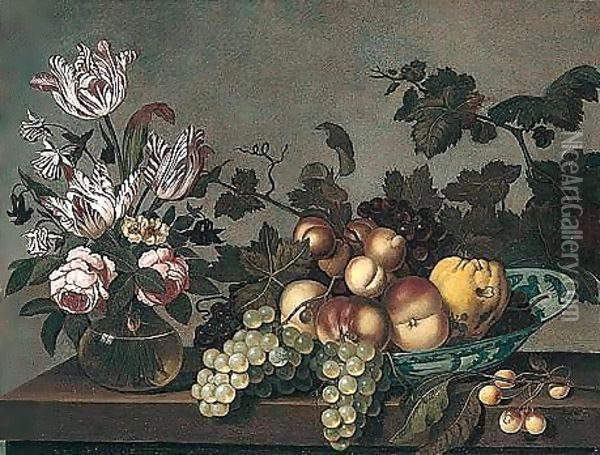 Still Life Of Peaches, Grapes And A Pear In A Blue And White Porcelain Bowl, Together With Variegated Tulips And Roses In A Glass Vase, Arranged Upon A Stone Ledge Oil Painting - Joris Van Son