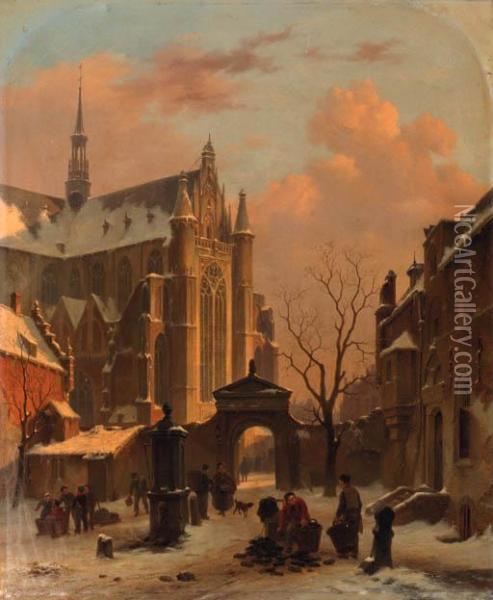 A Cappriccio View Of The Hooglandse Kerk, Leiden, In Winter Oil Painting - Bartholomeus J. Van Hove