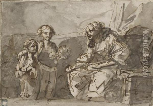 Une Femme Assise Avec Deux Enfants Devant Elle Oil Painting - Jean Baptiste Greuze