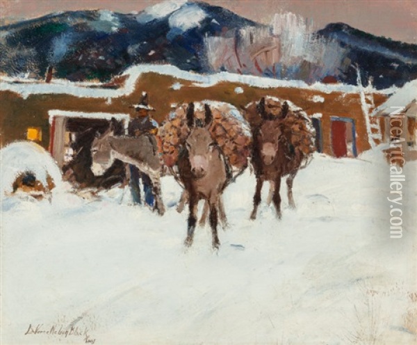 Burros In Winter, Taos Oil Painting - Laverne Nelson Black