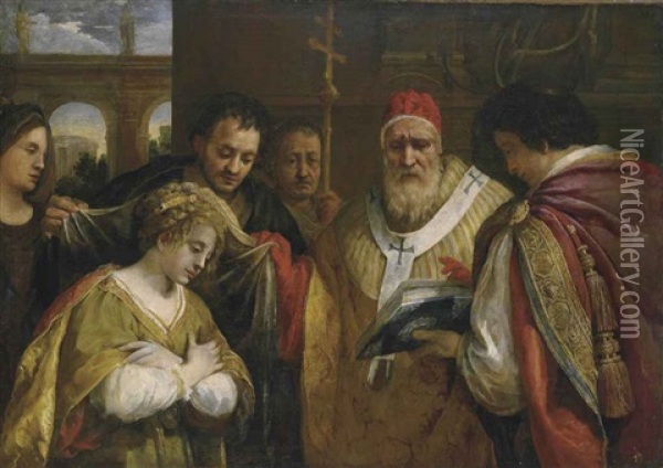 Saint Domitilla Receiving The Veil From Pope Clement Oil Painting - Pietro da Cortona