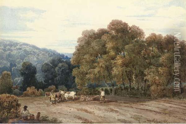 A Horsedrawn Plough In An Extensive Landscape Oil Painting - David I Cox