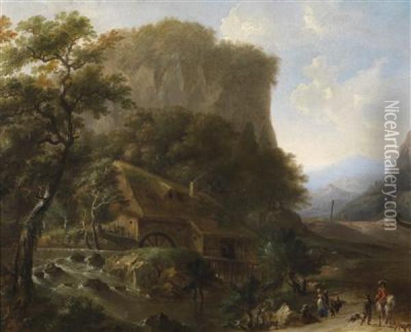A Mountainous Landscape With A Mill And Travellers Oil Painting - Frederick De Moucheron