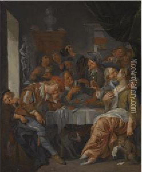 An Interior With Figures Eating And Drinking Around A Table Oil Painting - Jacob Van Toorenvliet