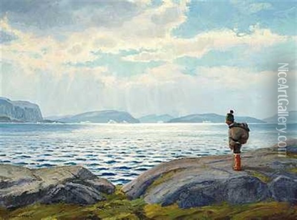 En Eskimokvinde Med Et Barn Pa Ryggen Kigger Ud Over Havet Oil Painting - Emanuel A. Petersen