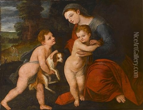 The Madonna And Child With An Infant Offering A Dog, Saint Joseph Before A House In A Landscape Beyond Oil Painting - Frans Floris the Elder