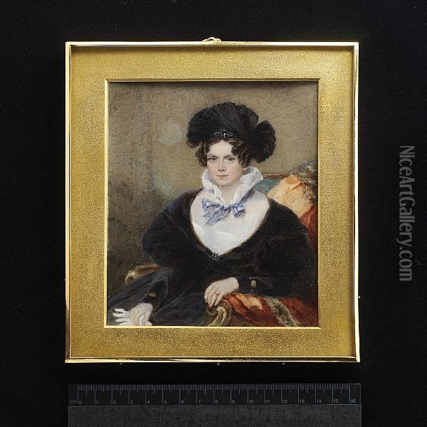 A Lady, Seated, Wearing Black Dress With White Fill-in And Standing Frilled Collar Tied With A Pale Blue Ribbon Bow, Black Headdress With Jewelled Pin, She Holds A White Glove, Her Fur-trimmed Red Cloak Draped Over The Chair. Oil Painting - Frederick Cruickshank