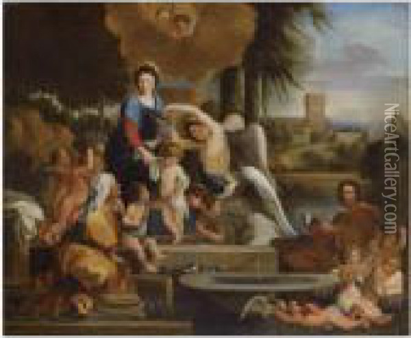 The Holy Family Together With 
Saint Elizabeth, The Infant Saintjohn And Putti, In An Arcadian 
Landscape Oil Painting - Nicolas Poussin