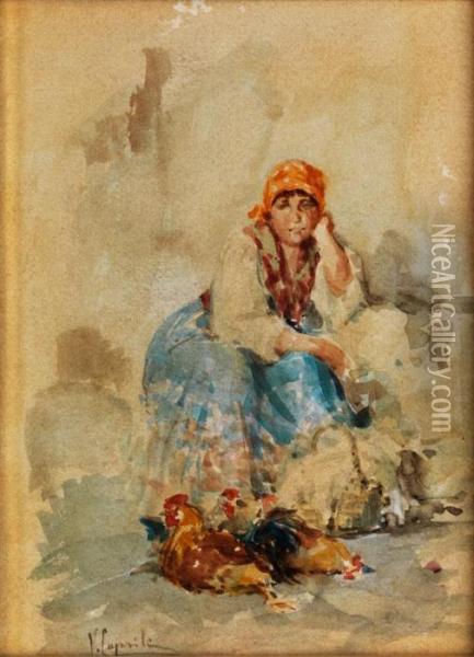Junge Bauerin An Einem Sockel Sitzend,mit Eierkorb Und Huhnern Am Boden Oil Painting - Vincenzo Caprile