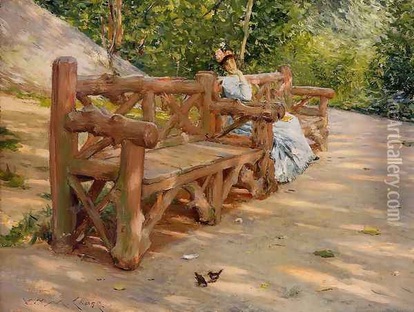 Park Bench (or An Idle Hour in the Park - Central Park) Oil Painting - William Merritt Chase