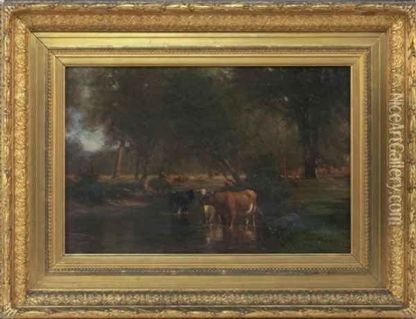 Cows Watering In A Stream Oil Painting - Samuel Lancaster Gerry