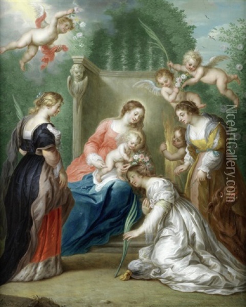 The Virgin And Child With Saints Margaret Of Antioch, Catherine Of Alexandria And Elizabeth Of Hungary Oil Painting - Jacob Andries Beschey