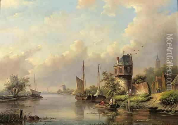 Sailing vessels on a river in summer Oil Painting - Jan Jacob Spohler