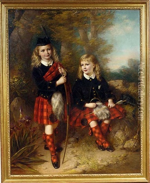 Portrait Of Two Children In Macgregor Tartan Holding A Bow And Arrow, In A Landscape Oil Painting - Samuel Barry Godbold
