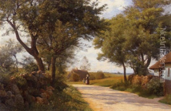 A Summer Landscape With Figures On A Country Road Oil Painting - Ludvig Kabell