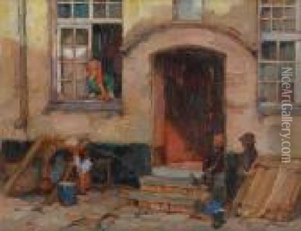 Vieille Cour A Tournai Oil Painting - Romeo Dumoulin
