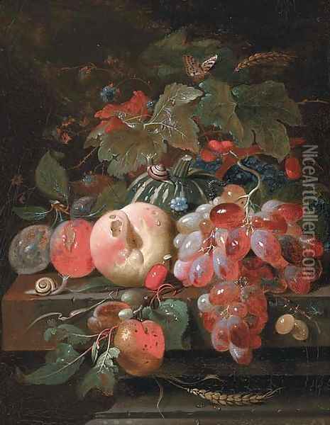Grapes, plums, a peach, a melon and cherries on a stone ledge Oil Painting - Cornelis De Heem