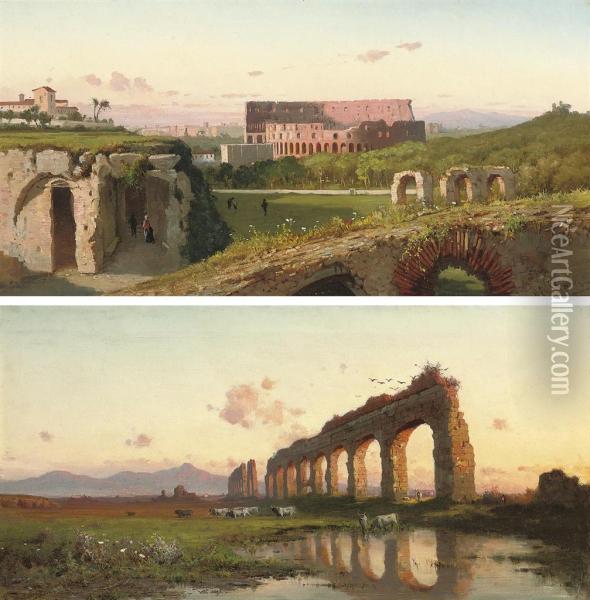 Before The Colosseum; And Ruins On The Roman Campagna Oil Painting - Henryk Cieszkowski